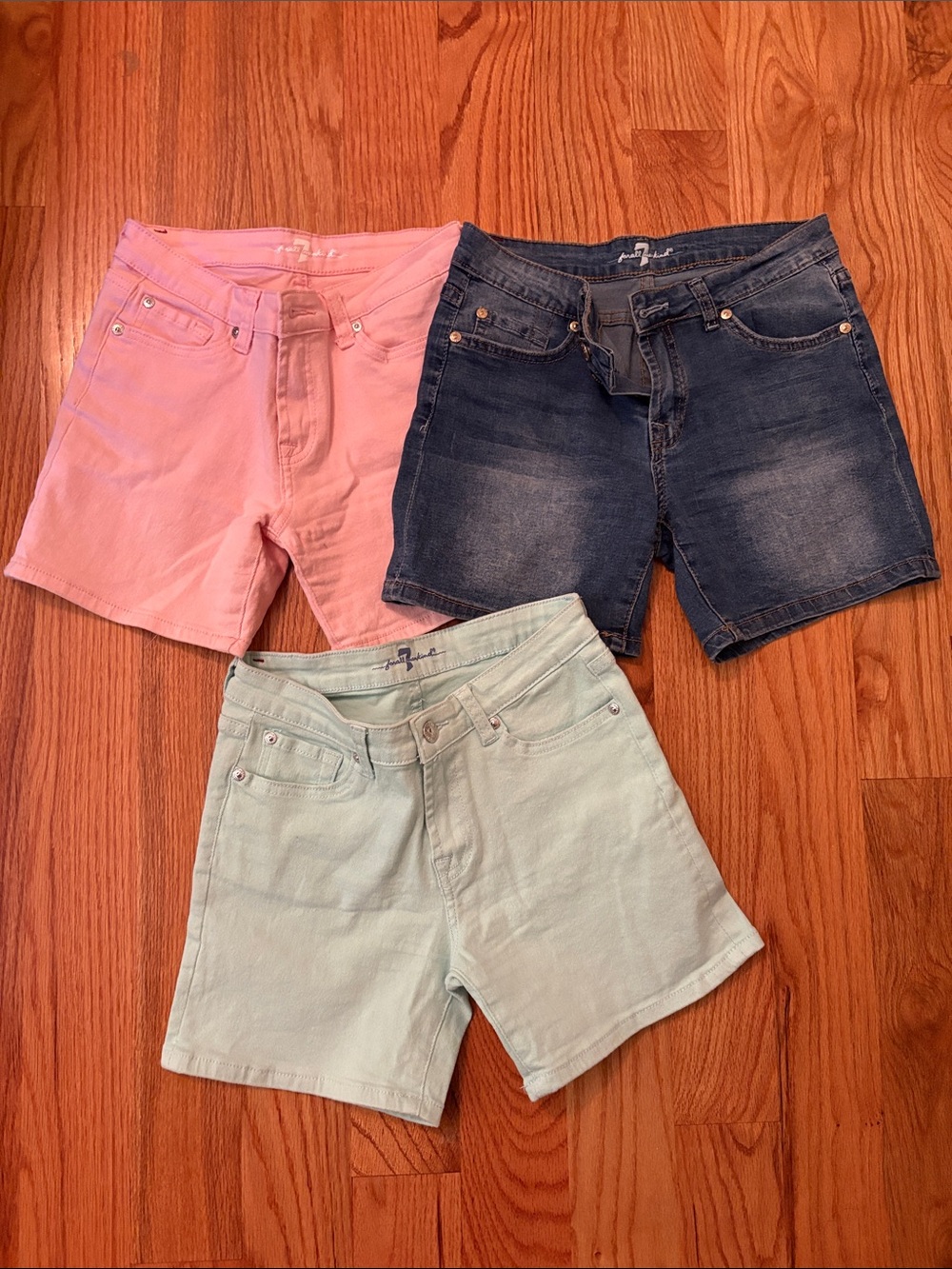 7 For All Mankind Trio: Pink, Dark Blue, Mint Jean Shorts